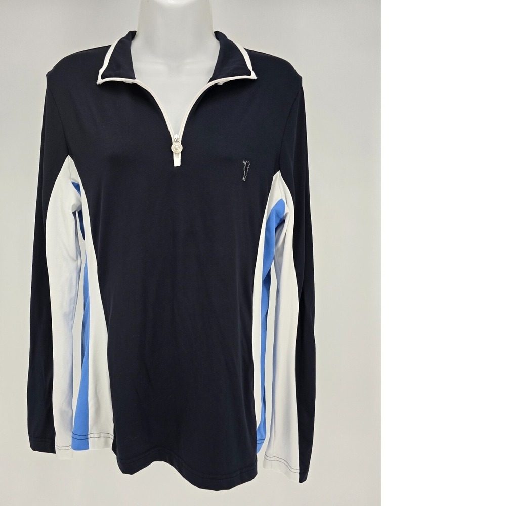 Golfino Womens Navy Blue White Quarter Zip Long Sleeve Golf Polo Shirt Top